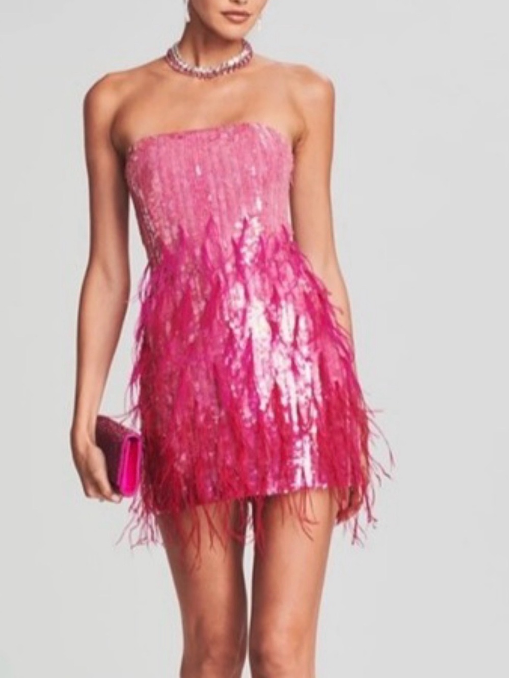 Retrofete Pink Sequin & Feather Strapless Mini Dress